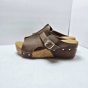 Brown Faux Leather Cork Platform Wedge Sandals Studded Buckle Slides Size 41